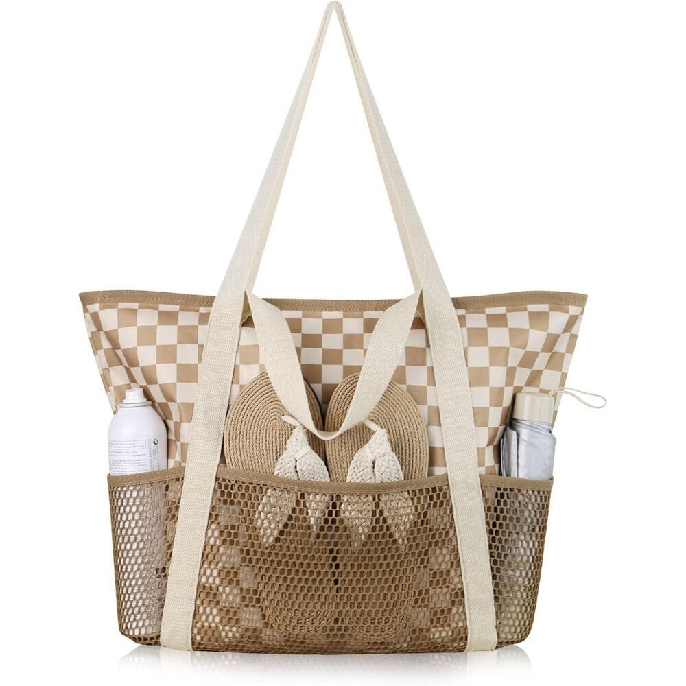 Women Grid Beach Bag Large Waterproof Sandproof Foldable Tote With Zipper Mesh